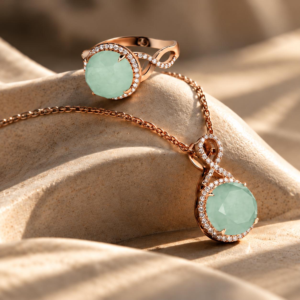 Jadeite ring and pendant necklace in rose gold