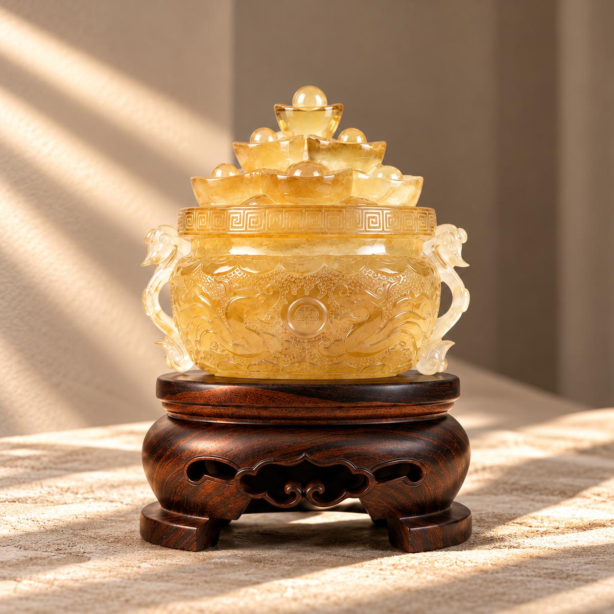 Carved golden jadeite vessel on wooden stand