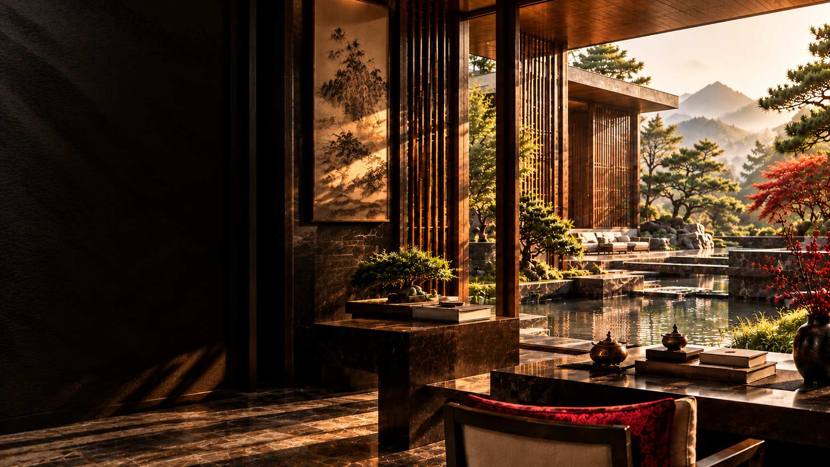 Traditional Chinese study overlooking a mountain garden at sunset