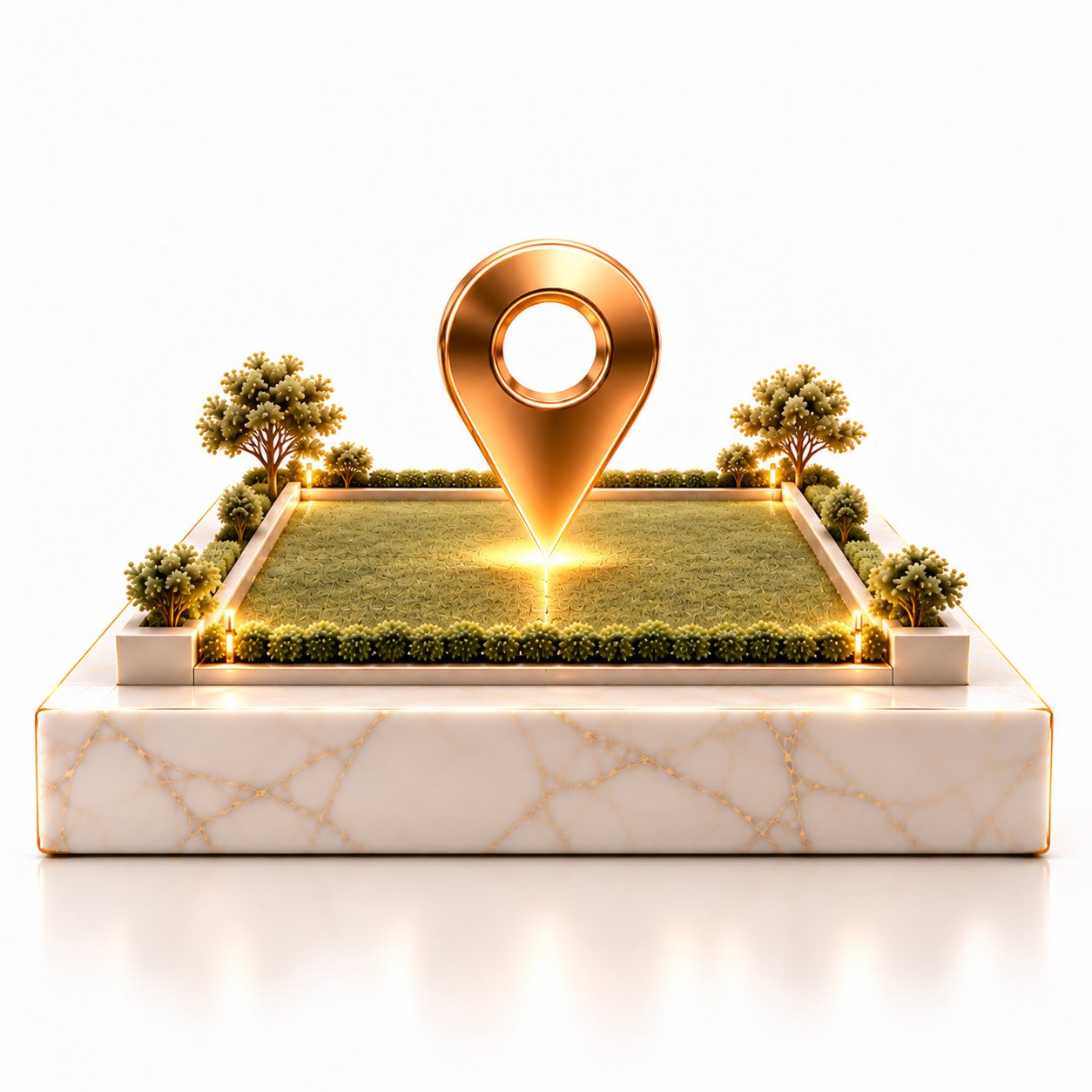 Gold location pin over a landscaped plot