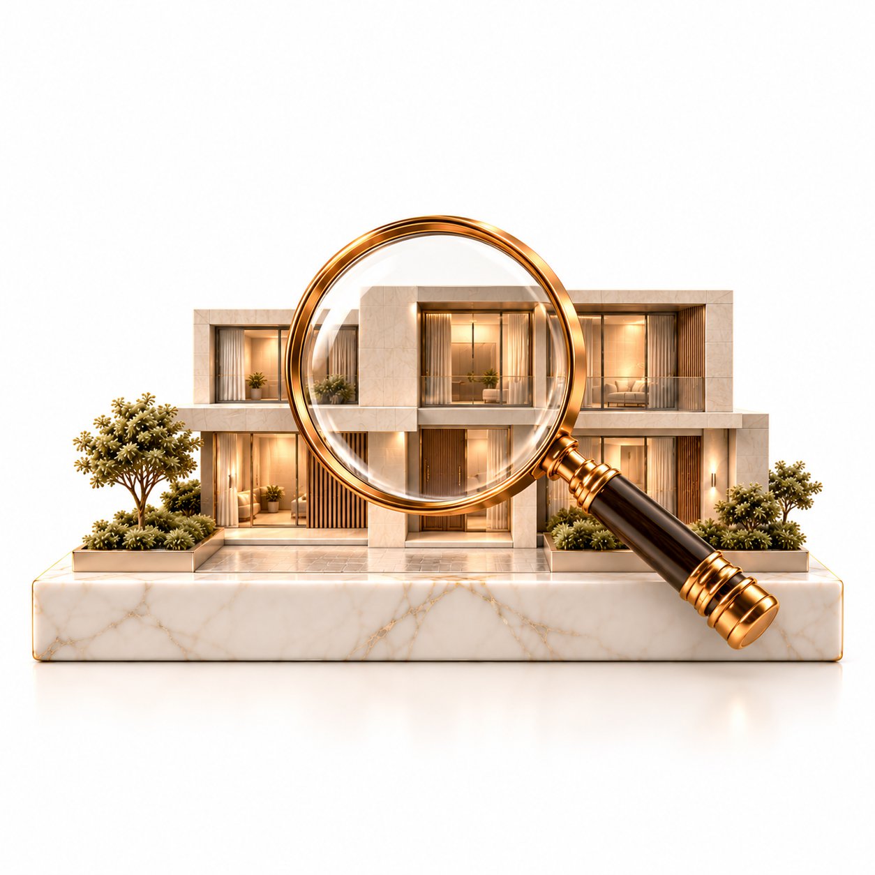 Magnifying glass examining a model house