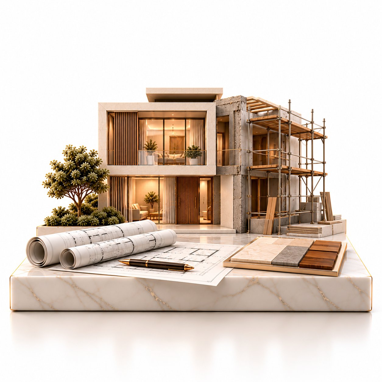Model house under renovation with blueprints