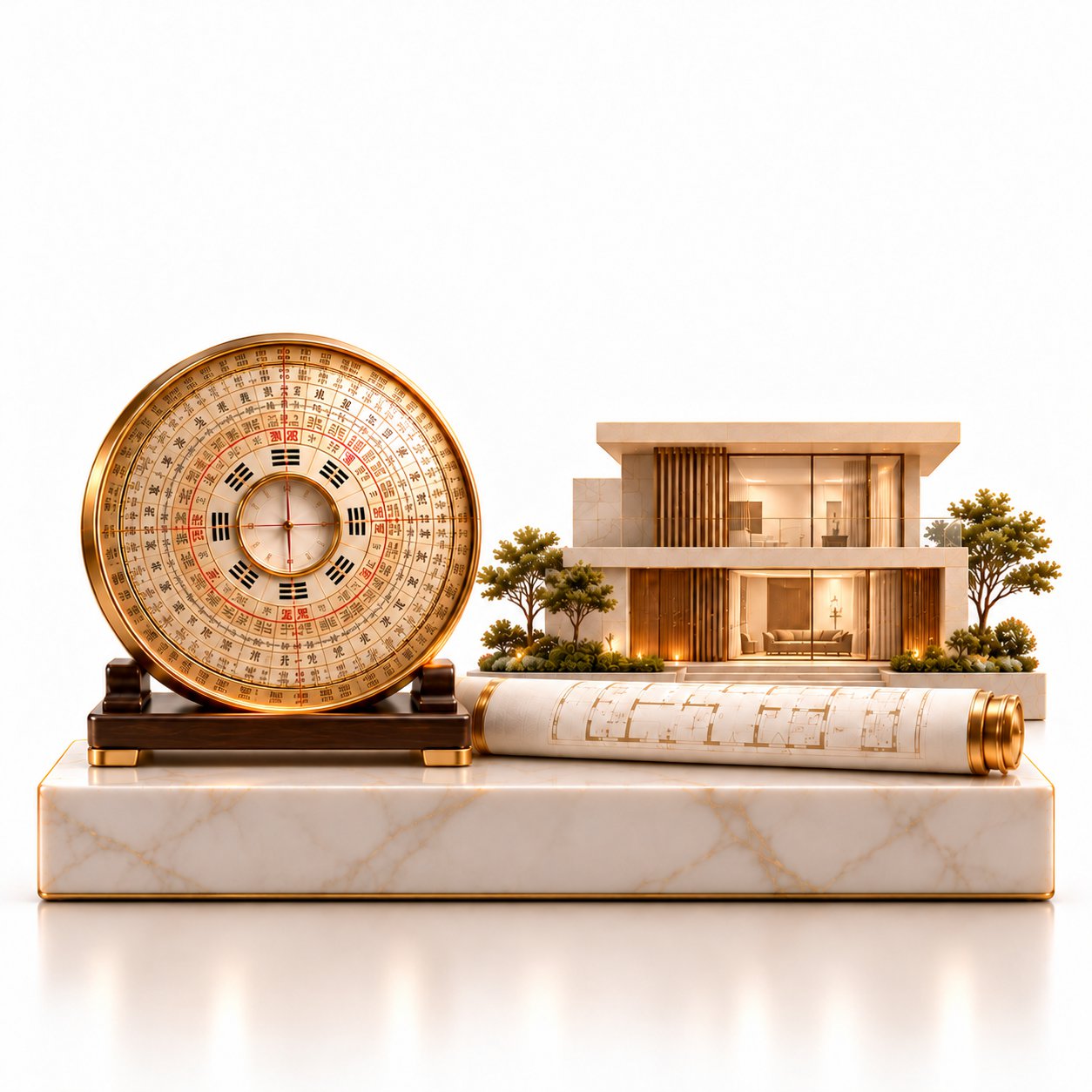 Luo Pan compass beside a model house