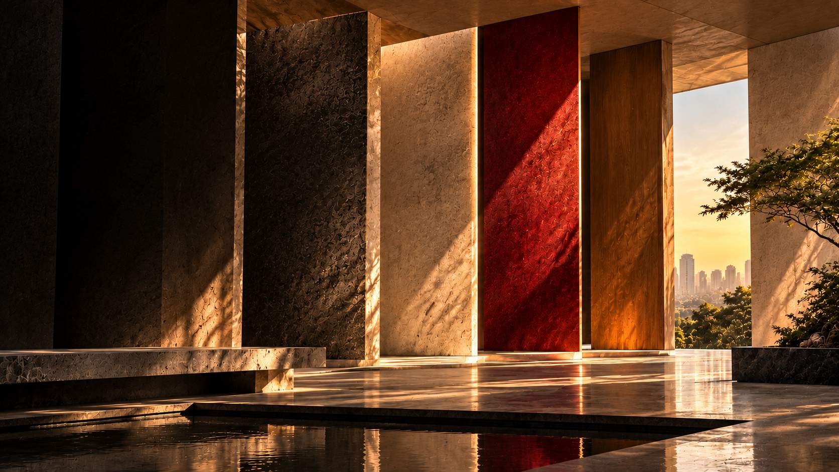 Marble and wood columns with a view of the city skyline