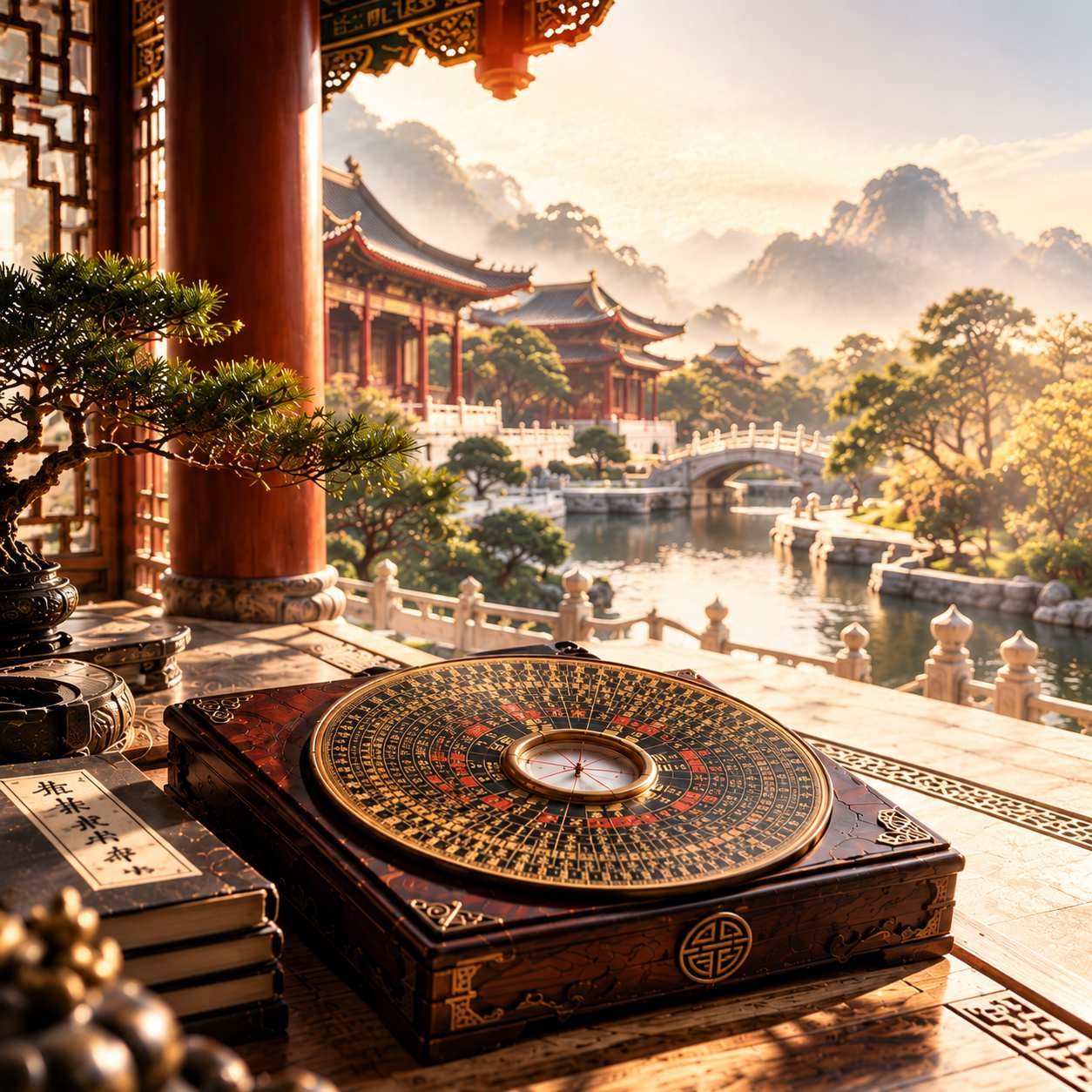 Luo Pan compass on a desk overlooking a traditional palace garden