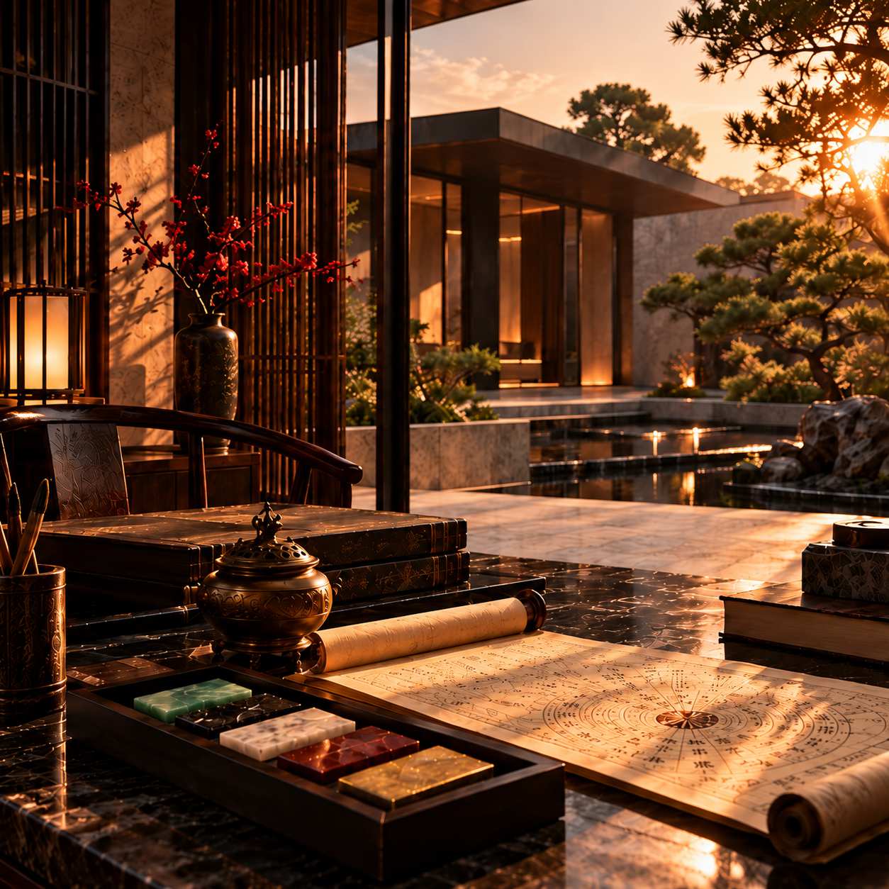 Modern courtyard at dusk with BaZi chart