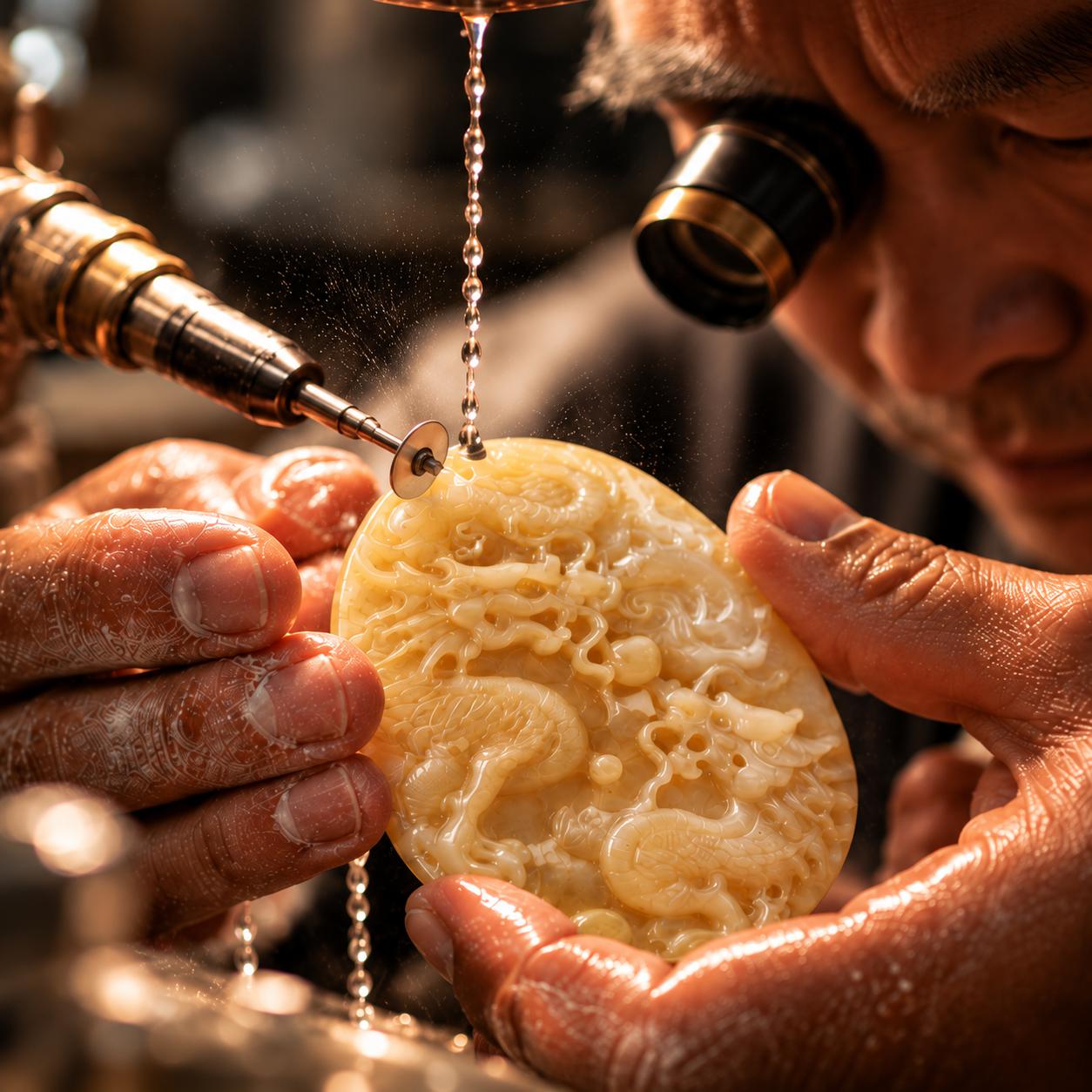Artisan hand-carving jadeite