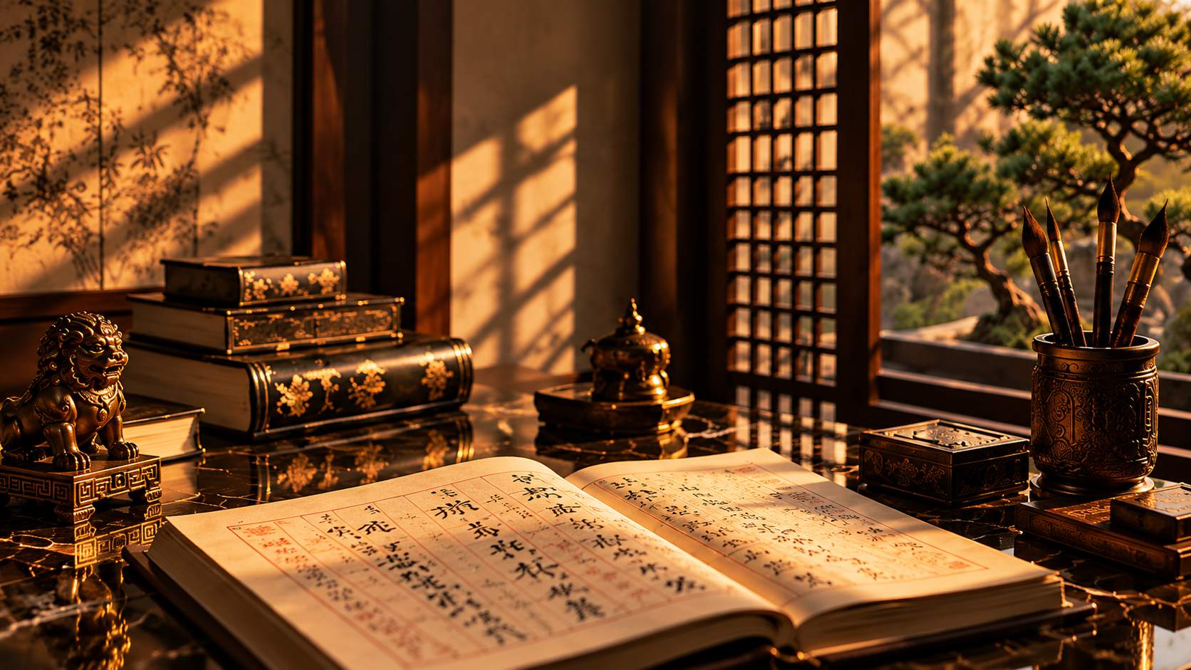 Open BaZi chart book with calligraphy