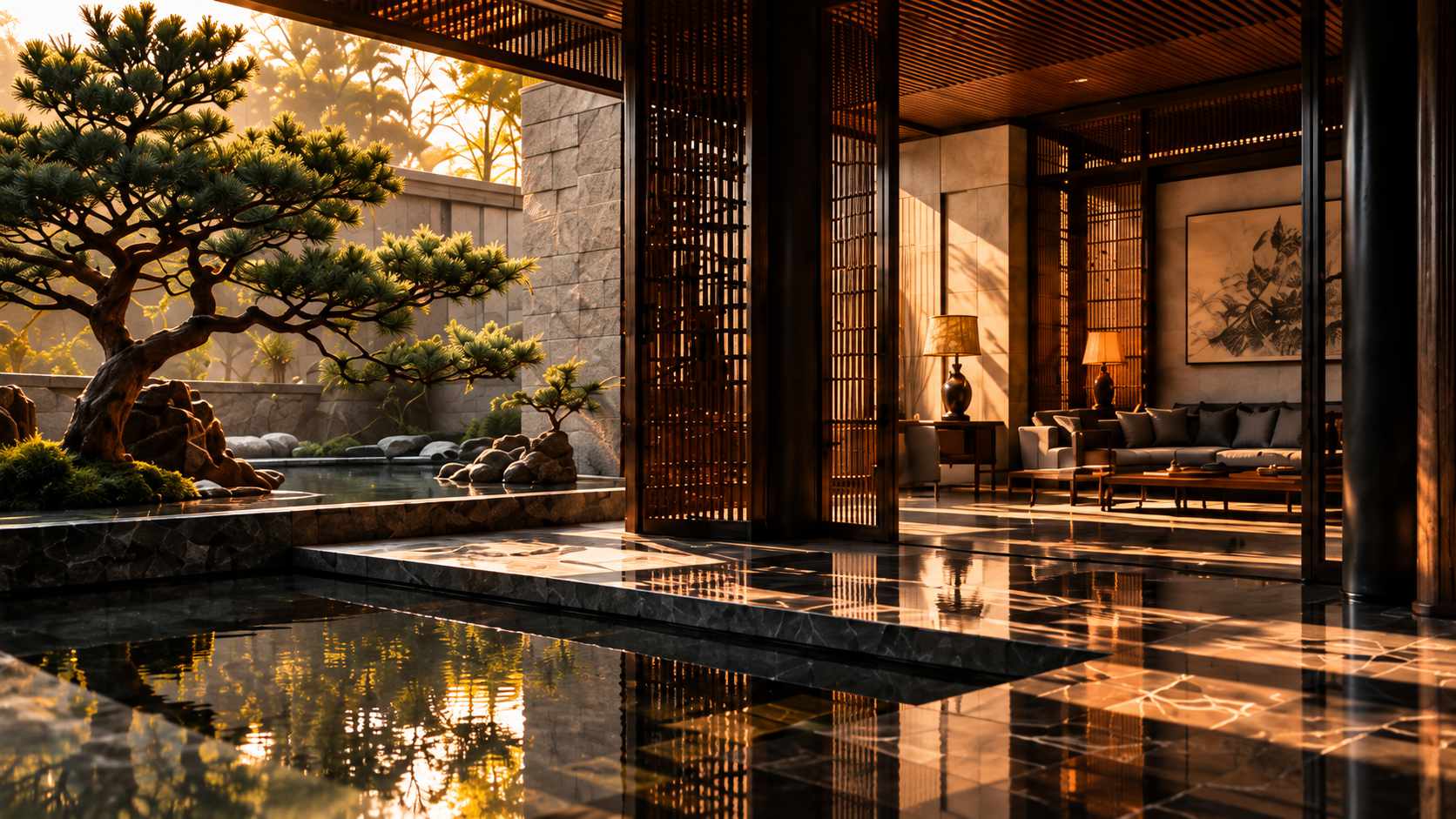 Zen garden and interior lounge at dusk